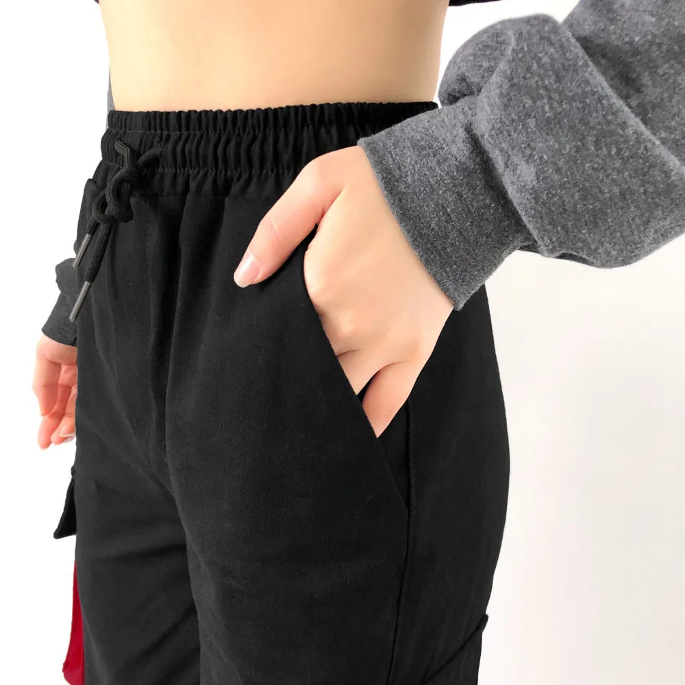 Women Cargo Pants Fashion Punk Pockets Jogger Trousers With Chain Elastics High Waist Streetwear