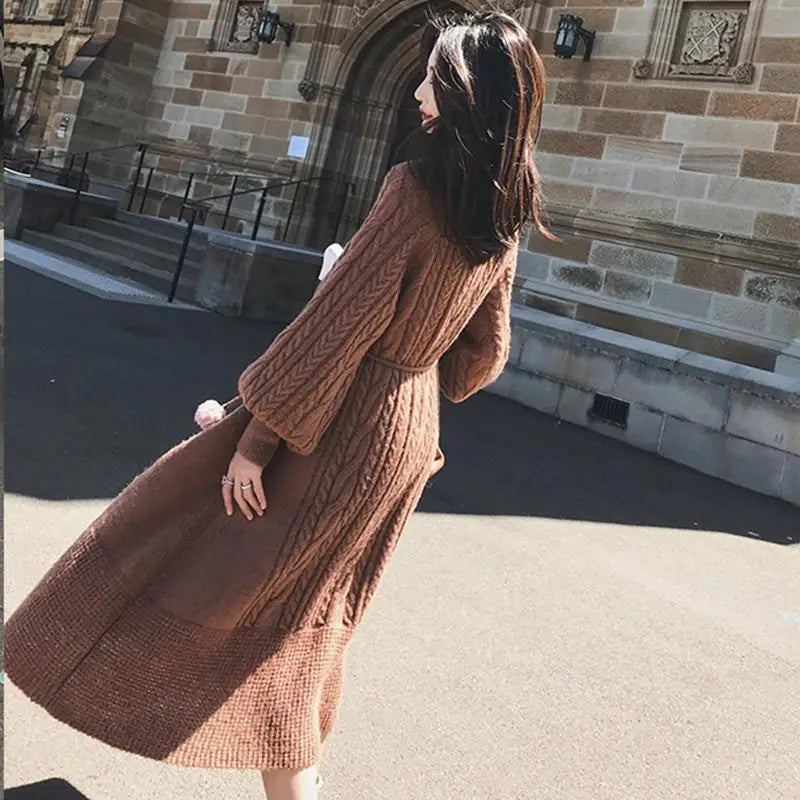 2024 Autumn Winter Lantern Sleeve Long Women Dresses Female Knitted Warm Dress Ladies A Line Knit Pullover Sweater Vestidos E13