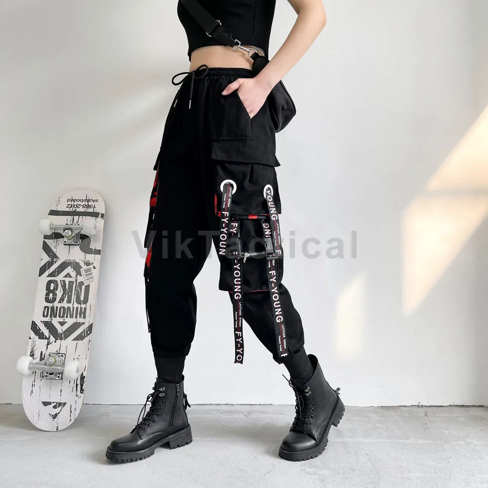 Women Cargo Pants Fashion Punk Pockets Jogger Trousers With Chain Elastics High Waist Streetwear