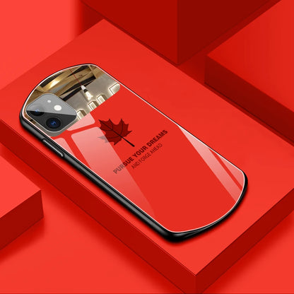 Luxury Cute Oval Maple Leaf Tempered Glass Phone Case For iPhone 16 15 14 13 12 11 Pro Max XS XR 8 7 Plus Mirror Silicone Cover