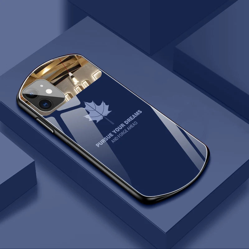 Luxury Cute Oval Maple Leaf Tempered Glass Phone Case For iPhone 16 15 14 13 12 11 Pro Max XS XR 8 7 Plus Mirror Silicone Cover