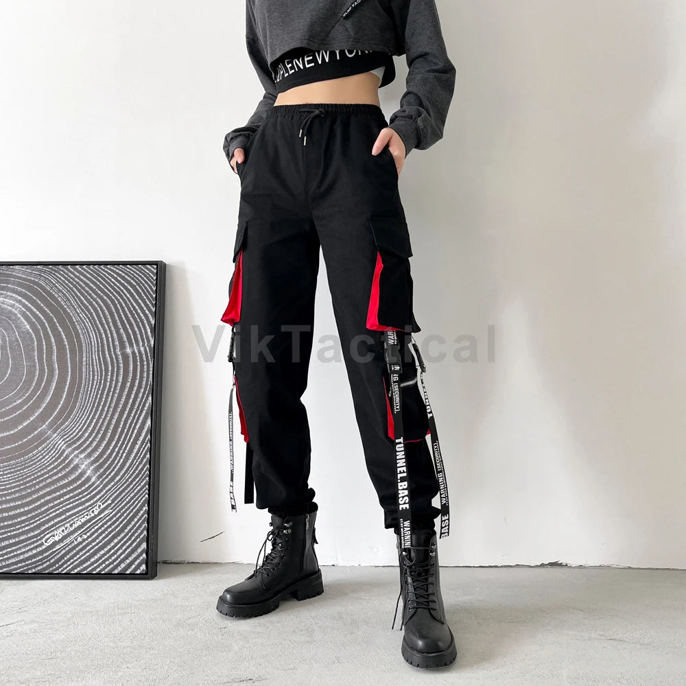 Women Cargo Pants Fashion Punk Pockets Jogger Trousers With Chain Elastics High Waist Streetwear