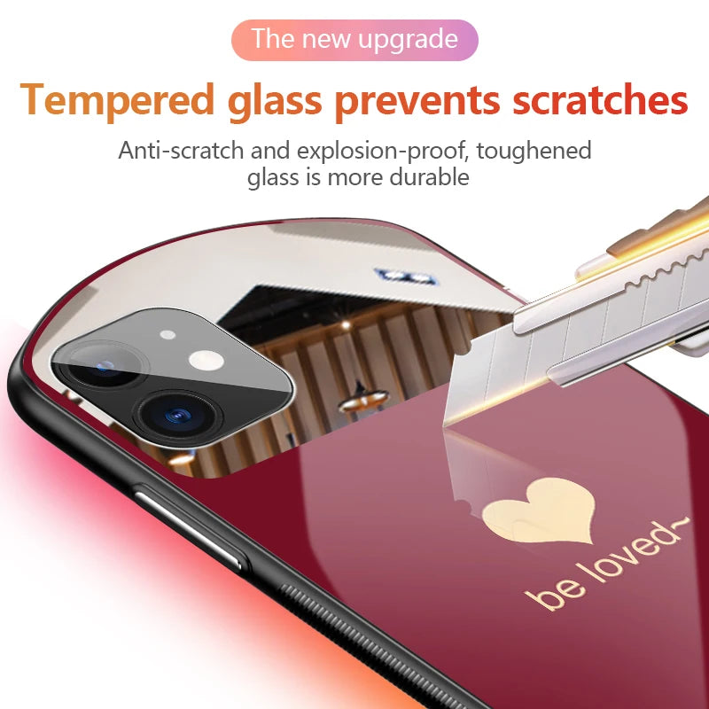 Luxury Cute Oval Heart-shaped Tempered Glass Phone Case For iPhone 16 15 14 13 12 11 Pro Max XS X 8 7 Plus Mirror Lanyard Cover