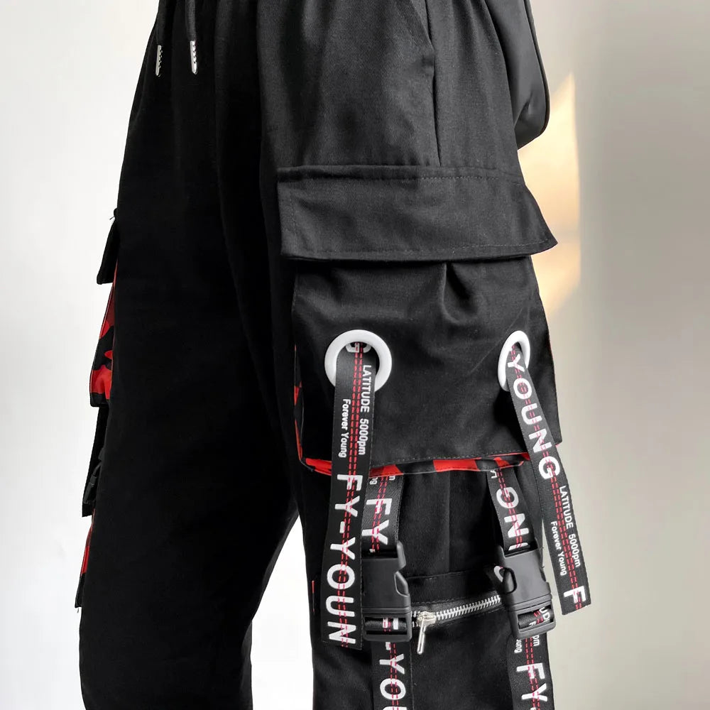 Women Cargo Pants Fashion Punk Pockets Jogger Trousers With Chain Elastics High Waist Streetwear