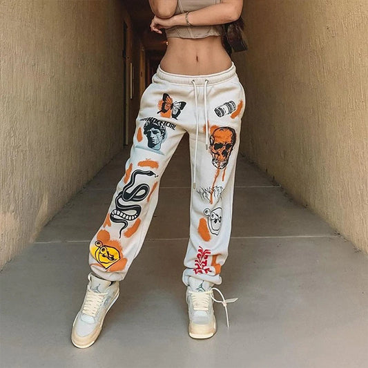 Women Sweatpants Joggers Y2K Harajuku Cartoon Skull Printed Streetwear Sweatpants Pants Casual High Waist Sweatpants  Winter