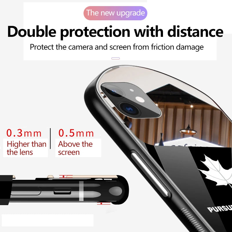 Luxury Cute Oval Maple Leaf Tempered Glass Phone Case For iPhone 16 15 14 13 12 11 Pro Max XS XR 8 7 Plus Mirror Silicone Cover