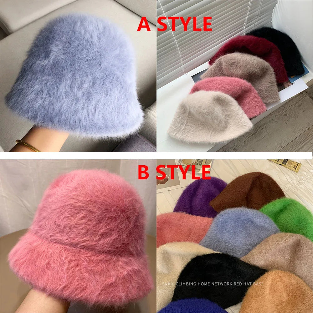 Hat winter women's fashion Solid color rabbit fur hat bucket cap  fisherman's hat retro knitted wool basin Bucket Hat