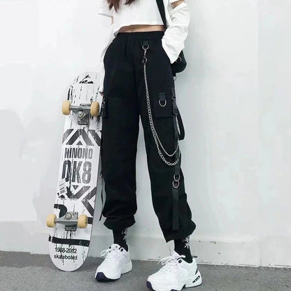 Women Cargo Pants Fashion Punk Pockets Jogger Trousers With Chain Elastics High Waist Streetwear