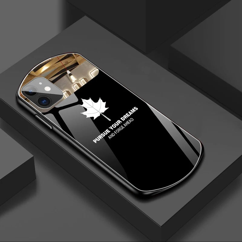 Luxury Cute Oval Maple Leaf Tempered Glass Phone Case For iPhone 16 15 14 13 12 11 Pro Max XS XR 8 7 Plus Mirror Silicone Cover