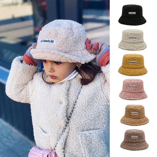 Winter Baby Girl Boy Bucket Hat Cute Lamb Wool Letter Kids Fisherman Hat Solid Flat Top Hats  Outdoor Thick Warm Sun Cap