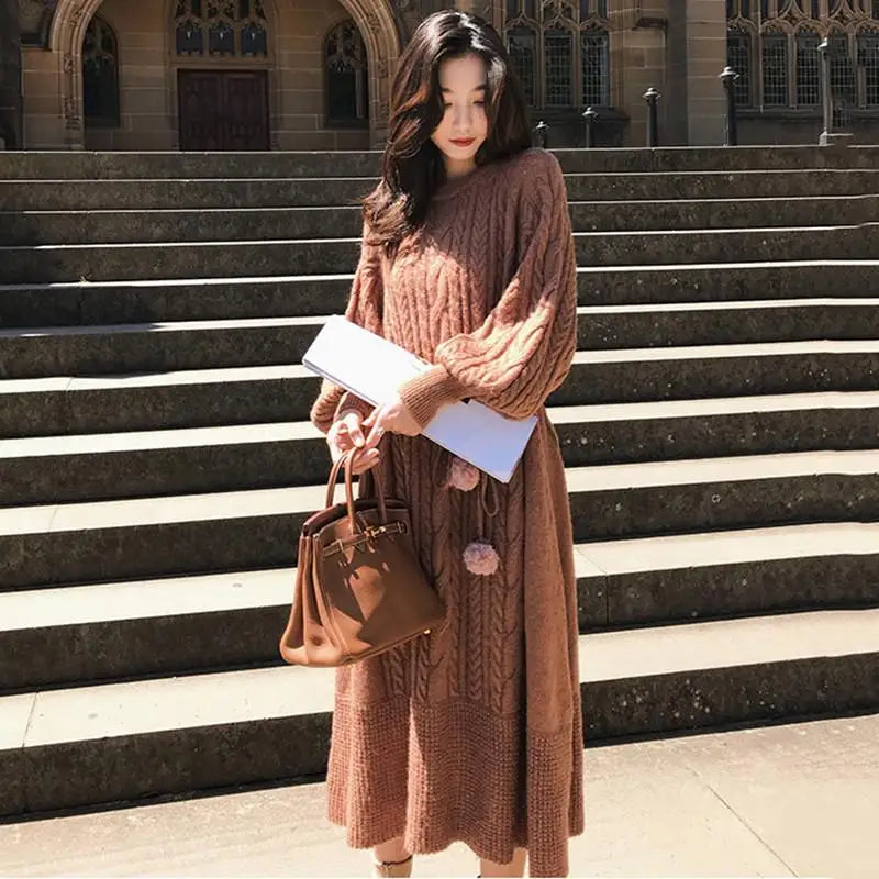 2024 Autumn Winter Lantern Sleeve Long Women Dresses Female Knitted Warm Dress Ladies A Line Knit Pullover Sweater Vestidos E13