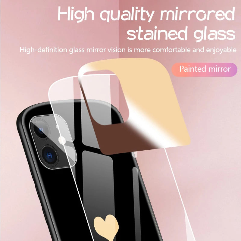 Luxury Cute Oval Heart-shaped Tempered Glass Phone Case For iPhone 16 15 14 13 12 11 Pro Max XS X 8 7 Plus Mirror Lanyard Cover