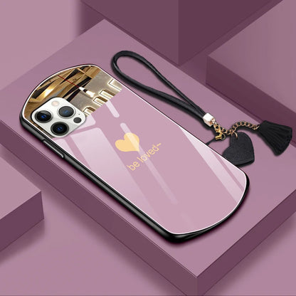 Luxury Cute Oval Heart-shaped Tempered Glass Phone Case For iPhone 16 15 14 13 12 11 Pro Max XS X 8 7 Plus Mirror Lanyard Cover