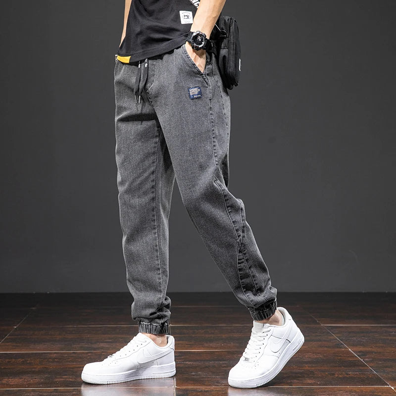 Streetwear Cargo Jeans for Men – Baggy Denim Jogger Pants, Black & Blue Harem Trousers, Plus Size Casual Spring/Summer