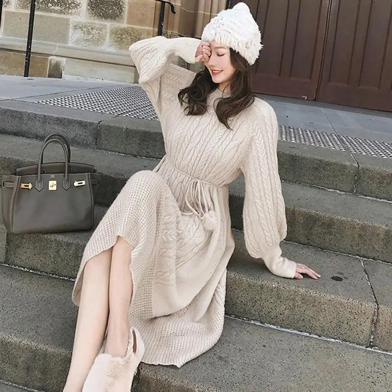 2024 Autumn Winter Lantern Sleeve Long Women Dresses Female Knitted Warm Dress Ladies A Line Knit Pullover Sweater Vestidos E13