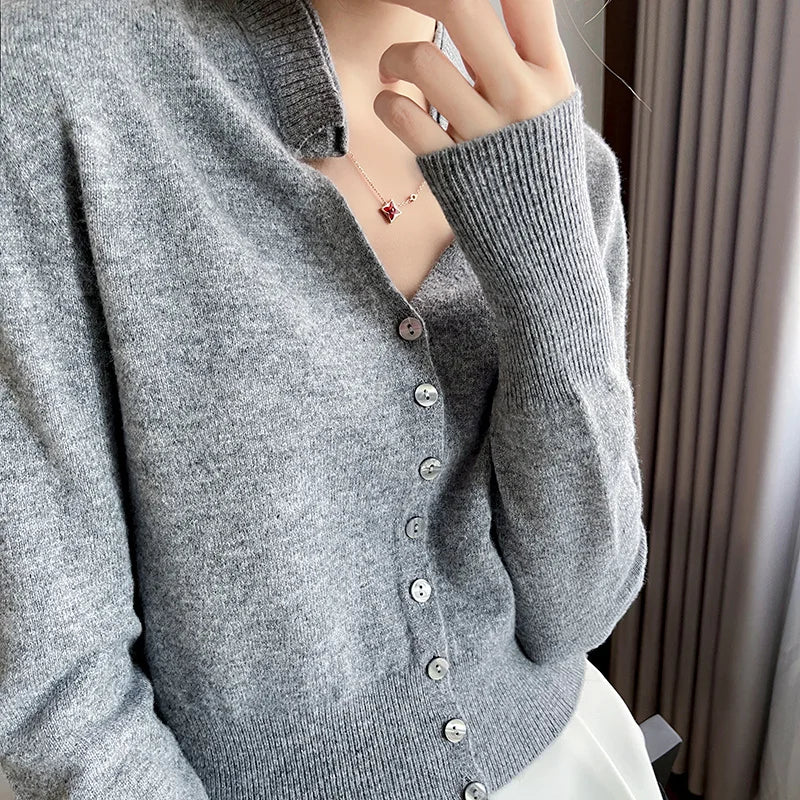 LHZSYY Fall 2024 Women's Wool Cardigan Knitted Jacket Women's 100% Pure Wool Slim Short V-neck Bottom Shirt