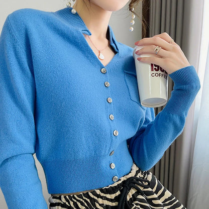 LHZSYY Fall 2024 Women's Wool Cardigan Knitted Jacket Women's 100% Pure Wool Slim Short V-neck Bottom Shirt