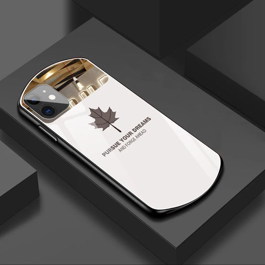 Luxury Cute Oval Maple Leaf Tempered Glass Phone Case For iPhone 16 15 14 13 12 11 Pro Max XS XR 8 7 Plus Mirror Silicone Cover