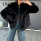 TRAFZA 2024 Autumn Winter Women Casual Faux Fur Jackets Fashion Streetwear Solid Oversized Turn Down Collar Elegant Thick Coats