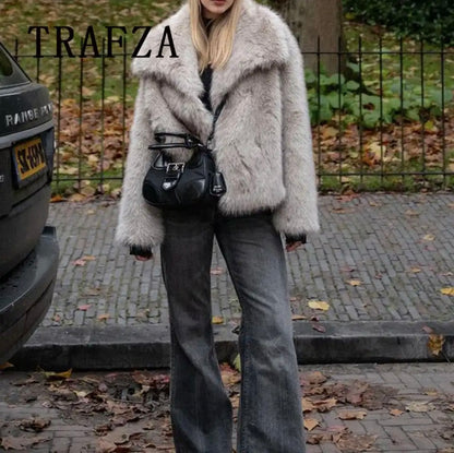 Autumn Winter Women Casual Faux Fur Jackets Fashion Streetwear Solid Oversized Turn Down Collar Elegant Thick Coats