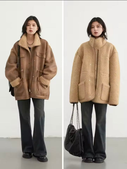 2025 New Retro Loose Vintage Lamb Wool Suede Reversible Thick Coat for Women Winter