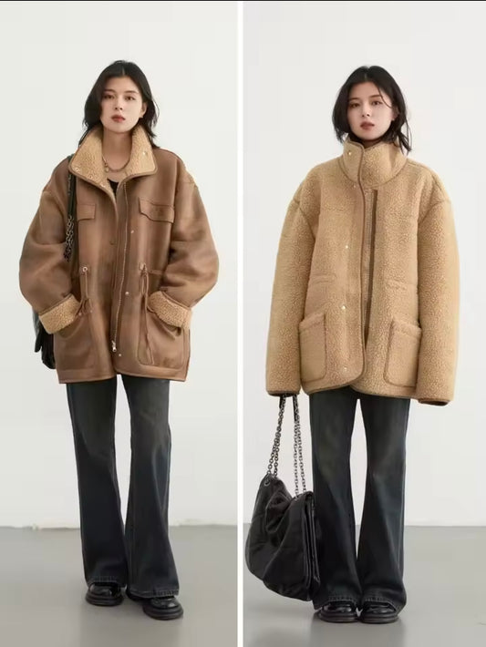 2025 New Retro Loose Vintage Lamb Wool Suede Reversible Thick Coat for Women Winter