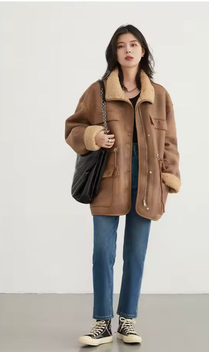 2025 New Retro Loose Vintage Lamb Wool Suede Reversible Thick Coat for Women Winter