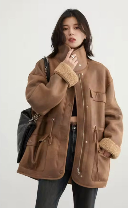 2025 New Retro Loose Vintage Lamb Wool Suede Reversible Thick Coat for Women Winter