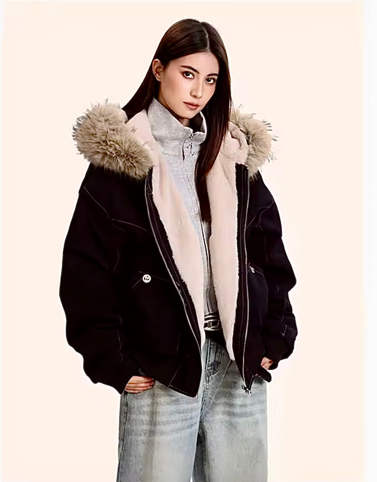 Unisex Fur Collar Hooded Parka | Thick Padded Winter Jacket – Gothic Streetwear Zipper Coat for Women & Men