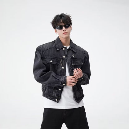 Veste en Denim avec épaulettes en métal pour hommes, ample, délavée, en détresse, rétro américain, courte, marque tendance, printemps et automne