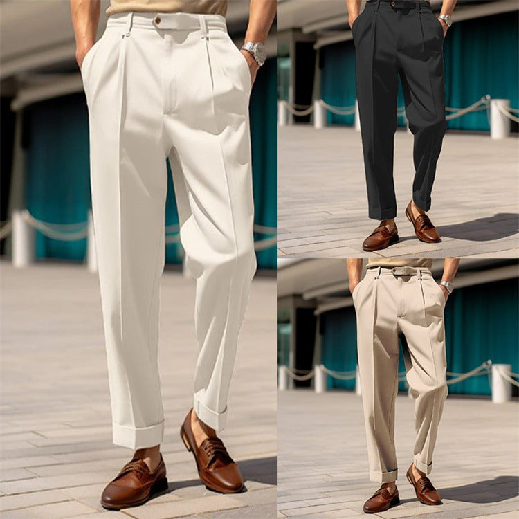 Men's Formal Wear Mid-waist Button Straight Plain Comfortable Suit Pants