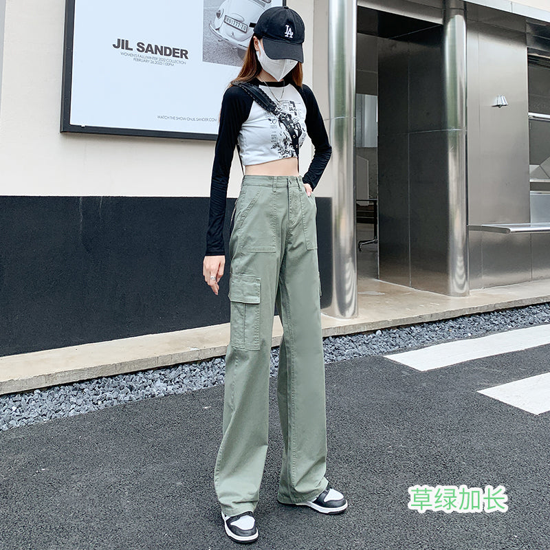 Khaki Overalls Women's Small Straight Narrow Version Wide-leg Pants High Waist Slim Loose Casual Trousers Spring Trendy