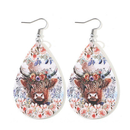 Cowboy Jewelry Highland Cow Flower Cow Head Earrings Double-sided PU Leather Water Drop Earrings Earrings