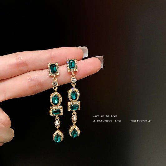 925 Silver Needle Geometric Diamond Green Earrings French Retro Light Luxury Earrings Court Style Long Elegant Earrings For Women