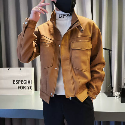 New Suede Multi-pocket Tooling Jacket Men&amp;amp;#039;s Trendy Brand Casual Stand-up Collar Motorcycle Jacket Men