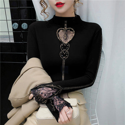 Padded Double-sided Velvet Half High Collar Rhinestone Long Sleeve Slim Base Shirt Jacket T-shirt A Generation Of Hair