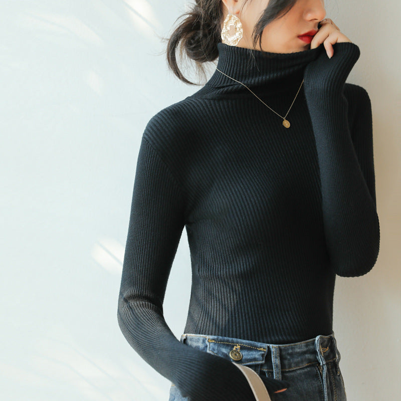 Pile High Collar Base Shirt Women&#039;s Spring Autumn And Winter Interior Western Style Black Long Sleeve Knitted Shirt Women&#039;s Needle