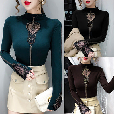 Padded Double-sided Velvet Half High Collar Rhinestone Long Sleeve Slim Base Shirt Jacket T-shirt A Generation Of Hair