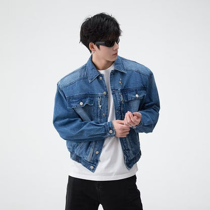 Veste en Denim avec épaulettes en métal pour hommes, ample, délavée, en détresse, rétro américain, courte, marque tendance, printemps et automne