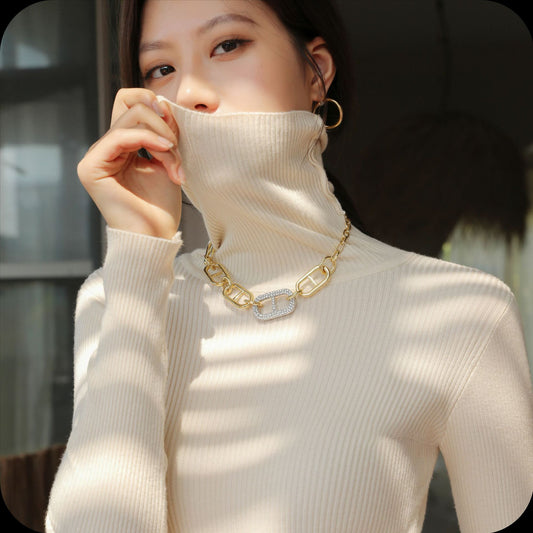 Pile High Collar Base Shirt Women&#039;s Spring Autumn And Winter Interior Western Style Black Long Sleeve Knitted Shirt Women&#039;s Needle