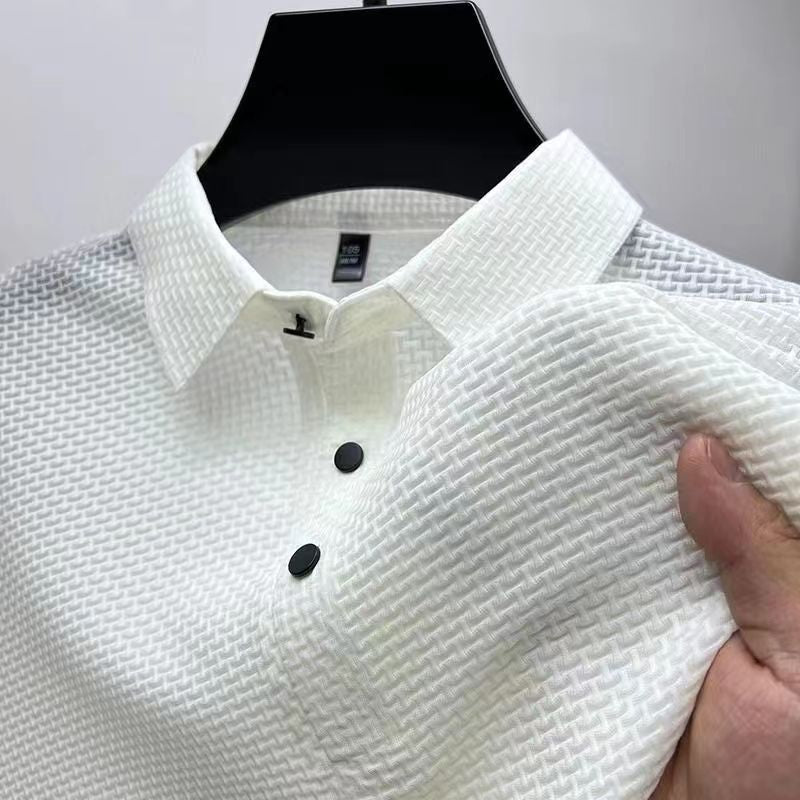 High-end Mesh Ice Silk Short-sleeved Summer Men&#039;s Shirt Collar Solid Color Paul Slip Material Polo Shirt Half-sleeved Men&#039;s Clothing