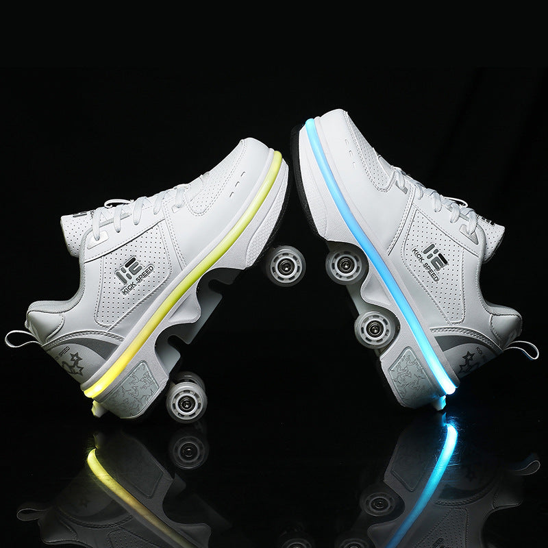 Double-purpose High-quality Roller Skates, Deformed Shoes, Double-row Heelys Roller Skates, Seven-color Atmosphere Breathing Lights, Four-wheel Heelys Shoes