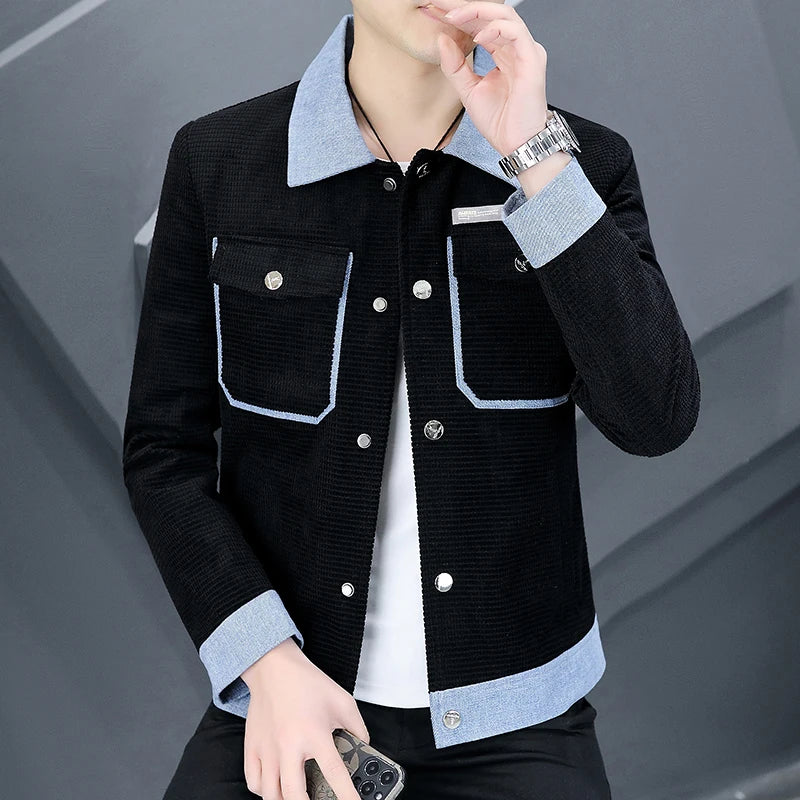 Autumn Men's Lapel New Corduroy Jacket Quality Stretch Slim Fit Coat Streetwear Men Fashion Color Block Jacket