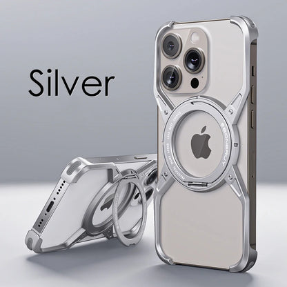 Aluminum Alloy Magnetic MagSafe Stand Phone Case For iPhone 14 13 15 16 Pro Max 16Pro Metal Hollow Rimless Bumper Cover Funda