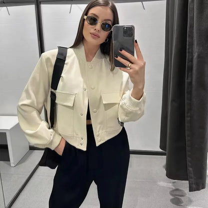 Woman Bomber Jacket Coat White Autumn Winter Button Baseball Aviator Cropped Jackets for Women Long Sleeve Crop Outerwear