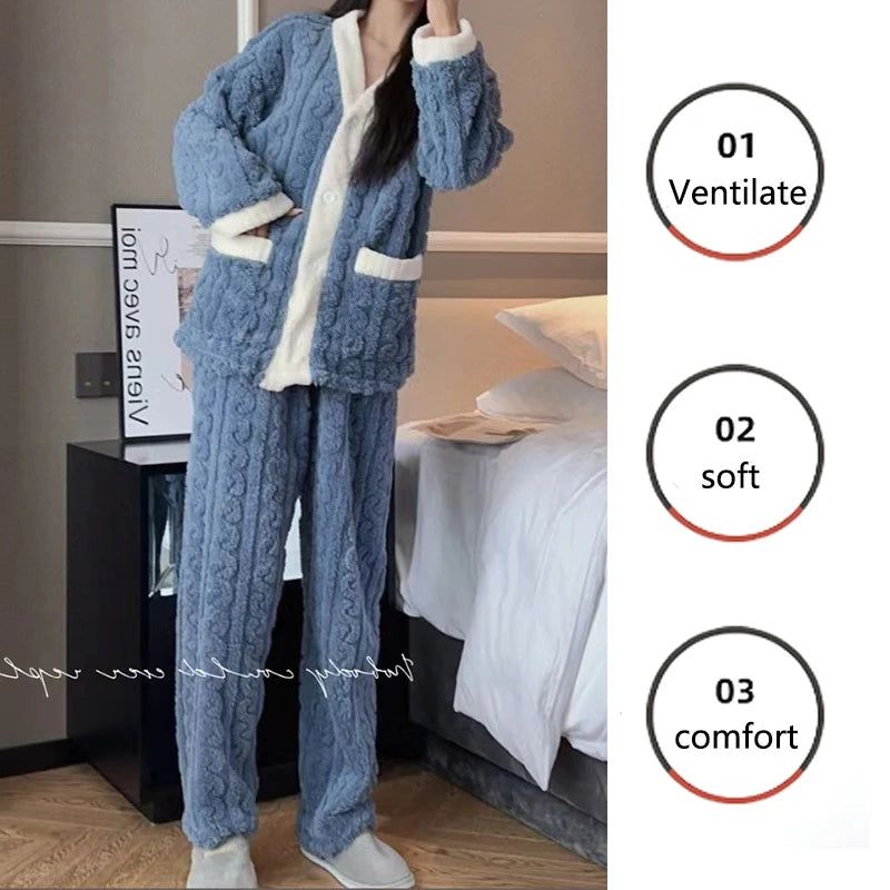 2pcs/Set Autumn And Winter Pajamas Women Thickened Padded Warm Coral Girls Clot Velvet Suit Homewear Cardigan Trousers