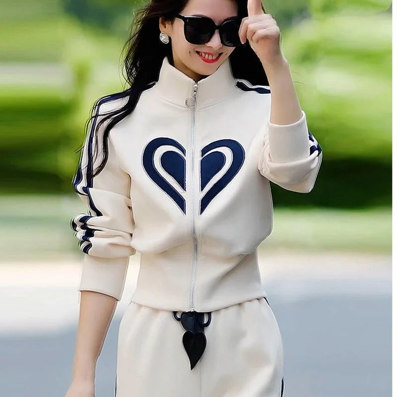 2023 Autumn Winter New Women's Casual Sports Suit Stand Collar Zippered Sweater Coat Tops Wide Leg Pants Two Piece Set Plus Size