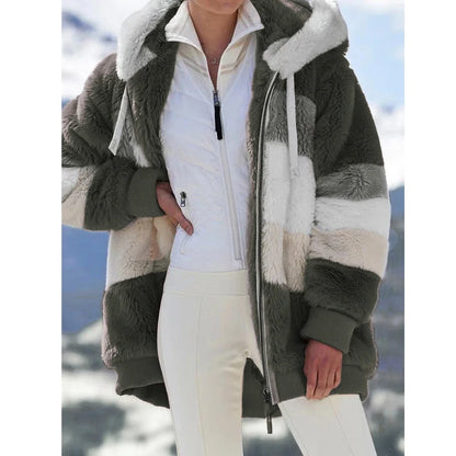 Women’s Winter Coat Hooded Zipper Jacket with Plaid Stitching & Thick Cashmere – Fashion Warm Outerwear