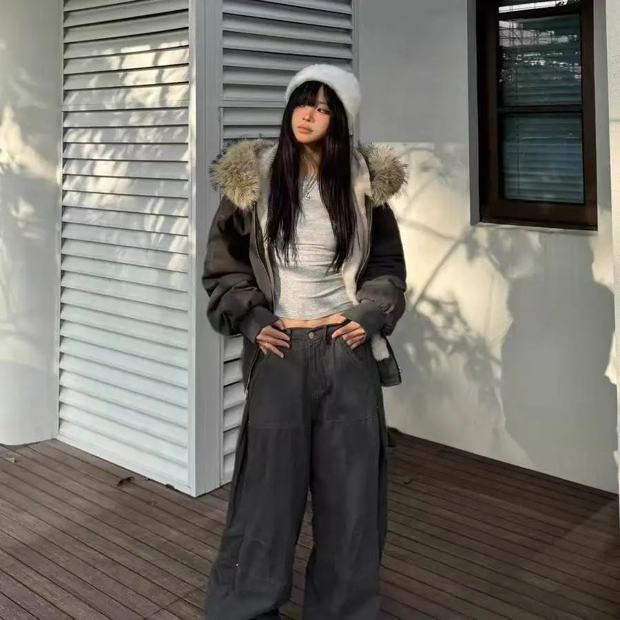 Unisex Fur Collar Hooded Parka | Thick Padded Winter Jacket – Gothic Streetwear Zipper Coat for Women & Men