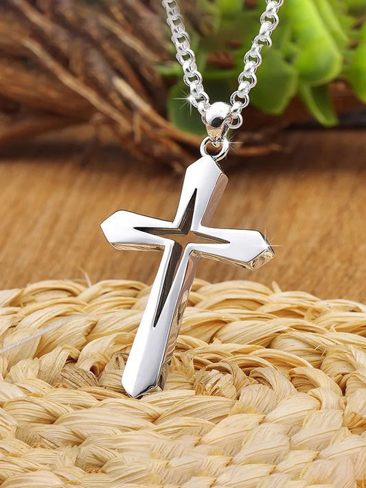 Fashion Design Simple Hollow Cross Pendant Men\'s Hip Hop Stainless Steel Necklace Jewelry